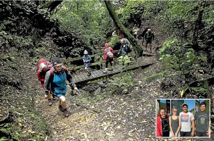  ??  ?? Walkers in the Manawatu Gorge have to turn around midway because of fallen trees. Inset: Georgia Brown, Marnie Thompson, Neal Tudreu and Bradley Fountain.