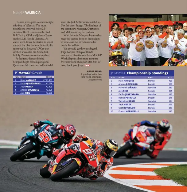  ??  ?? ABOVE RIGHT: A goodbye to the fivetime world champion, Jorge Lorenzo