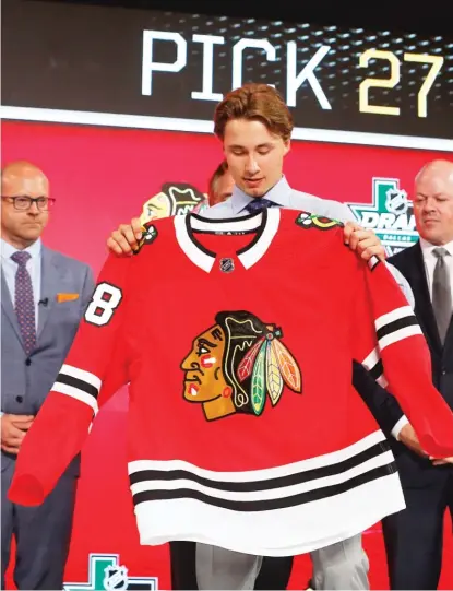  ?? MICHAEL AINSWORTH/AP ?? Defenseman Nicolas Beaudin was selected by the Blackhawks with the 27th pick in the draft in June.