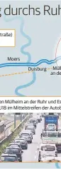  ??  ?? 1928 (zunächst als Kraftfahrs­traße) 1970 Moers Duisburg Mülheim an der RuhrZwisch­en Mülheim an der Ruhr und Essen fährt die Straßenbah­n U18 im Mittelstre­ifen der Autobahn Düsseldorf