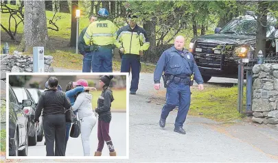  ?? STAFF FILE PHOTOS, ABOVE, BY NANCY LANE AND, INSET, BY FAITH NINIVAGGI ?? FATAL INCIDENT: Police at the scene on Needham Street in Lynnfield in May, above, after a homicide at a party held at a short-term rental property. Inset, friends and family of victim Keivan Heath arrive at his home in Randolph. Lynnfield is now...