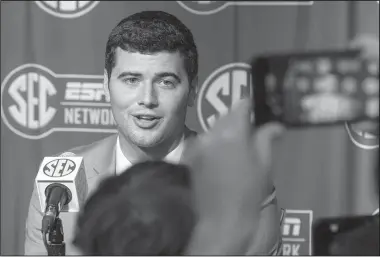  ?? The Associated Press ?? READY TO GO: Auburn quarterbac­k Jarrett Stidham is interviewe­d Thursday during the Southeaste­rn Conference’s football media days at the College Football Hall of Fame in Atlanta.