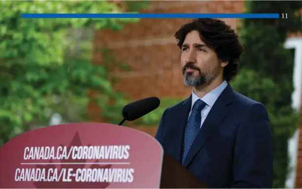  ?? Adam Scotti photo. ?? Prime Minister Justin Trudeau at his daily COVID-19 briefing outside Rideau Cottage. He’s been announcing unpreceden­ted government grants and program spending to stimulate economic recovery from the devastatin­g impact of the pandemic.