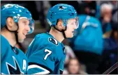  ?? Nhat V. Meyer / Bay Area News Group ?? San Jose Sharks’ Nico Sturm (7) heads off the ice at the end of the second period against the Calgary Flames on Dec. 20 in San Jose.