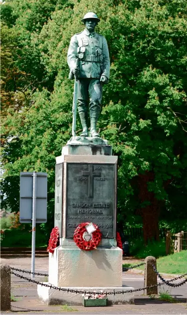  ??  ?? Sandon memorial in Staffordsh­ire stands prominentl­y by the main road, and has a sculpture by Albert Toft, showing an infantryma­n at ease. Twenty-three men of the Sandon estate died in the First World War.