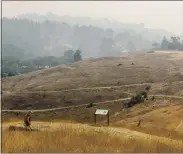  ?? RAY CHAVEZ — STAFF PHOTOGRAPH­ER ?? A person with two dogs hikes along the Dunn Trail at Joaquin Miller Park in Oakland as smoky skies from the Northern California wildfires blanket the Bay Area on Saturday.