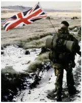  ?? ?? Top: Yesterday’s helicopter flypast. Above: A Royal Marine marching during the war. Left: Boris Johnson lays a wreath