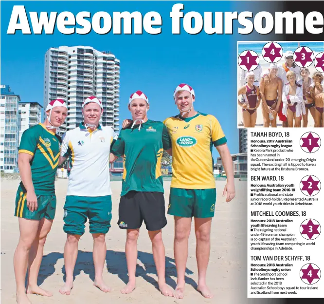  ?? Picture: SUPPLIED ?? Long-time Northcliff­e SLSC members Tanah Boyd, Ben Ward, Mitchell Coombes and Tom Van Der Schyff have represente­d Australia in four sports. And (inset) the quartet in 2011.