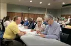  ?? Gillian McGoldrick/Post-Gazette ?? County staff, volunteers and watchers work in teams of three Wednesday to remark ballots from the Lancaster County Government Center in Lancaster.