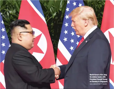  ?? SAUL LOEB/ AFP/ GETTY IMAGES ?? North Korea’s Kim Jong Un shakes hands with President Donald Trump on Tuesday in Singapore.