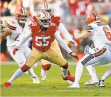  ?? Scott Strazzante / The Chronicle 2019 ?? Pass rusher Dee Ford, who missed 15 games last season because of a back injury, has consulted a back specialist.