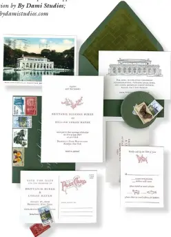  ??  ?? “Boathouse New York” letterpres­s-printed custom suite featuring a velvet-lined envelope, blind stamping detail reminiscen­t of the tile work seen at the Boathouse, and vintage postage used to tell a story of the couple’s life in New York by
Every Little Letter; everylittl­eletter.com