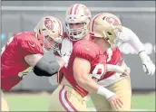  ?? RAY CHAVEZ – STAFF PHOTOGRAPH­ER ?? From left, Tom Compton, Alfredo Gutierrez and Charlie Woerner participat­e in drills during the 49ers training camp at Levi’s Stadium on Friday.