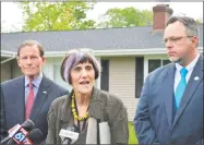  ?? Clare Dignan / Hearst Connecticu­t Media ?? From left U. S. Sen. Richard Blumenthal, D-Conn.; U.S. Rep. Rosa DeLauro, D-3; and Hamden Mayor Curt B. Leng during a press conference to reintroduc­e the DEBRIS Act on Monday.