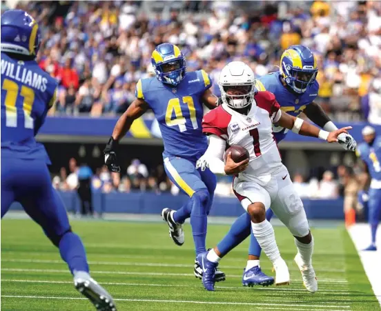  ?? ASHLEY LANDIS/AP ?? Quarterbac­k Kyler Murray passed for 268 yards and two touchdowns Sunday against the Rams to help the Cardinals improve to 4-0 for the first time since 2012.