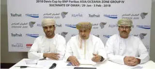  ?? – TALIB AL WAHAIBI / Times of Oman ?? GEARED UP: Oman Tennis Associatio­n chairman Khalid Al Aadi, centre, speaks during a press conference at Sundus Rotana on Tuesday.