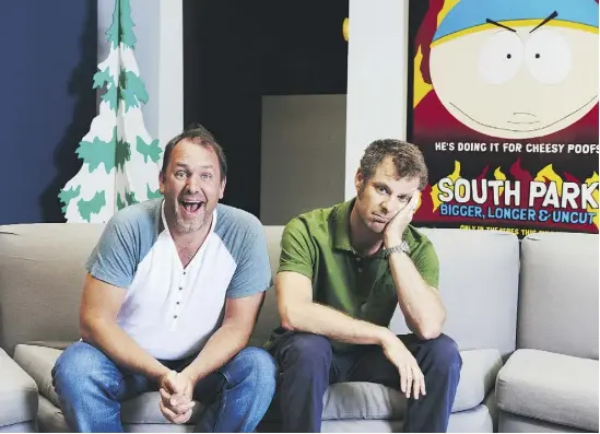  ?? JAKE MICHAELS / THE NEW YORK TIMES ?? South Park co- creators Trey Parker, left, and Matt Stone are still riffing on current events, as only they can.