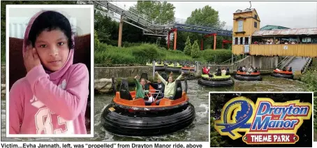  ?? Pictures: SWNS; PA ?? Victim... Evha Jannath, left, was “propelled” from Drayton Manor ride, above