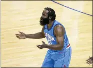  ?? MARK MULLIGAN/HOUSTON CHRONICLE VIA AP ?? Houston Rockets guard James Harden (13) reacts to a call during the team’s NBA basketball game against the Los Angeles Lakers on Tuesday, Jan. 12, 2021, in Houston.