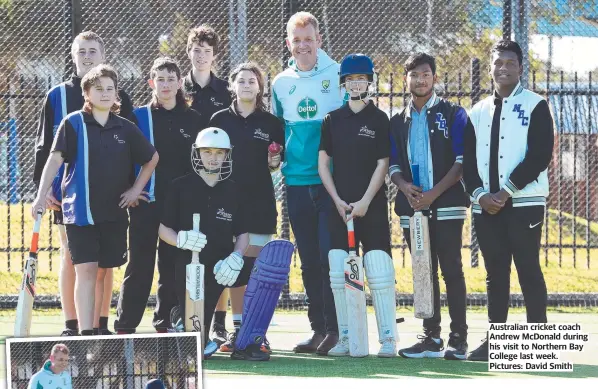  ?? ?? Australian cricket coach Andrew McDonald during his visit to Northern Bay College last week. Pictures: David Smith