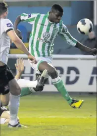  ??  ?? Bray Wanderers’ Ismahil Akinade in action against Dundalk at the Carlisle Grounds last Friday. He was also named Player of the Week by the goal.com website.