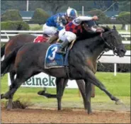  ??  ?? Carina Mia (3), with Javier Castellano up, holds off Going for Broke, inside with Irad Ortiz Jr. up, to win the Shine Again Stakes Wednesday at Saratoga Race Course.