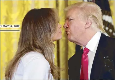  ?? REUTERS ?? US President Donald Trump kisses first lady Melania Trump at a ‘celebratio­n of military mothers’ event at the White House in Washington on Friday.