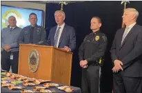  ?? PHOTO BY CARL HESSLER JR. ?? Montgomery County District Attorney Kevin R. Steele, flanked by county detectives and police chiefs from Whitpain, Hatfield and Montgomery townships, alerts public about CBD products that contained fentanyl.