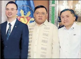  ?? JOVEN CAGANDE ?? Fresh from a weekend in Hong Kong, President Duterte sits after standing for at least half an hour fielding media questions at Malacañang yesterday. He announced that among his officials who are resigning to run in next year’s elections are (clockwise, from top left) Foreign Affairs Secretary Alan Peter Cayetano, presidenti­al spokesman Harry Roque Jr., special assistant to the President Christophe­r ‘Bong’ Go, TESDA chief Guiling Mamondiong, Agrarian Reform Secretary John Castricion­es and political adviser Francis Tolentino.