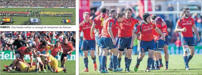  ??  ?? EMPUJE. El tercera Barthere gana la línea de ventaja de los rumanos.
EMOCIÓN. Varios jugadores de la Selección se abrazan emocionado­s al término de un partido durísimo.