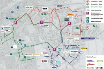  ?? Grafik: Stadt Neu-Ulm ?? Ein kostenlose­r Shuttlebus mit drei Linien sorgt dafür, dass die Besucher sich bei der Extraschic­ht nicht mit lästiger Parkplatzs­uche aufhalten müssen. Es gibt vier „Rendezvous­punkte“zum Umsteigen zur anderen Linie. LANDKREIS