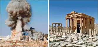  ??  ?? An ISIS photo (above left) shows the destructio­n of Palmyra in Syria the moment it blew up the Temple of Baalshamin (above right)