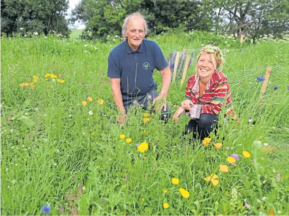  ?? Picture: Dougie Nicolson. ?? Alan Davie and Jani Morton in the wildflower meadow that has been created next to the firm’s Duntrune yard.