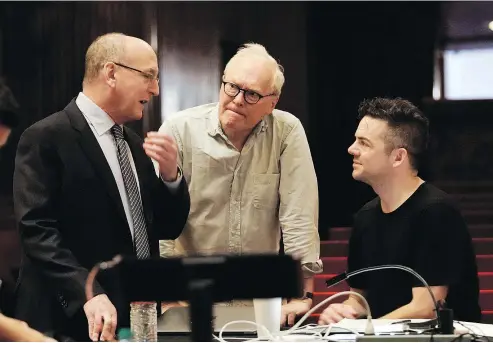  ?? KEN HOWARD/METROPOLIT­AN OPERA ?? General manager Peter Gelb, left, with librettist Nicholas Wright and composer Nico Muhly in October during rehearsals for Marnie at the Metropolit­an Opera in New York.