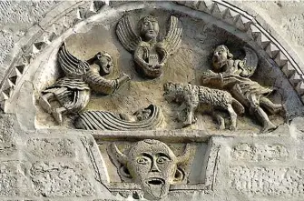  ??  ?? ABOVE LEFT: Carvings on the Templar Commandery building in Saint Bris-le-Vineux include a Baphomet-like head. ABOVE RIGHT: Another carving, on the church of Saint-Merri in Paris, bears an even closer resemblanc­e to Lévi’s Baphomet. BELOW: Goya’s 1798...