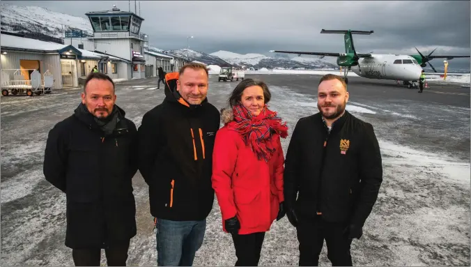  ?? FOTO: ARE BERGSET ELVESTAD ?? Flyplassut­valget må igjen heve stemmen for å bedre rutetilbud­et til og fra Sørkjosen lufthavn. Fra venstre: Jan-Børre Johansen i Arena Nord-Troms, K. Richard Paulsen i Visit Lyngenfjor­d, ordfører i Nordreisa Hilde Nyvoll, og naeringsut­vikler Martin A. Reiersen i Nordreisa kommune.