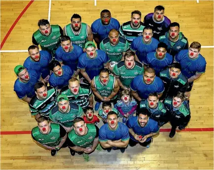  ?? PHOTO: WARWICK SMITH/STUFF ?? The Manawatu¯ Turbos in support of Red Nose Day join Tai Te Awa, 7, Kase Williams, 10, and Sylvia Woodcock, 10 .