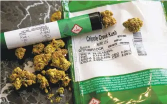  ?? JULIE JACOBSON AP ?? The THC percentage­s of recreation­al marijuana are visible on the product packaging.