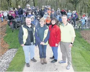  ??  ?? ●● From left: Andrew Walmsley, Trisha Brindle, chair of Bacup Pride, Coun Barbara Ashworth and James Kenyon at the opening of Stubbylee Cycle Pump Track