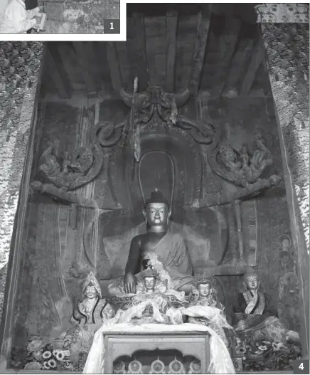  ??  ?? 4. A newly-built statue of Buddha Sakyamuni sits in front of the original wall decoration­s. 4