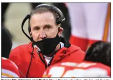  ?? (AP/Reed Hoffman) ?? Kansas City defensive coordinato­r Steve Spagnuolo talks with his unit Sunday during the Chiefs’ win over the Cleveland Browns. All four defensive coordinato­rs in this weekend’s conference championsh­ips have been head coaches before, providing valuable experience for their teams.