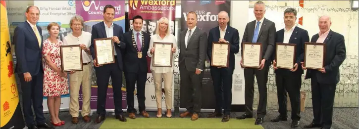  ??  ?? New Wexford Ambassader­s at the Hatch Lab in Gorey: Minister Paul Kehoe, Brenda and Pat Murphy (for Charlie Murphy, Ryan Quigley, County Council Cathaoirla­ch John Hegarty, Anne Doyle, current Wexford Ambassador and MC on the day, County Council CE Tom...