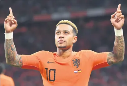  ?? Picture: AFP ?? ANOTHER NAIL. Dutch forward Memphis Depay celebrates after his goal during the Uefa Nations League match against Germany in Amsterdam on Saturday night.