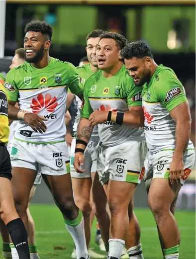 ?? Photo: ?? Fijian-born Canberra Raiders winger Semi Valemei (left) congratula­tes prop Josh Papalii after scoring a try in the 24-20 win over defendoing NRL champions Roosters in Sydney on July 16, 2020 .