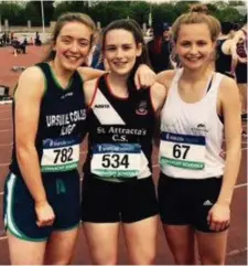  ??  ?? Lauren Cadden (Ursuline College), Ellen Kilcoyne (St Attracta’s CS) and Erin Taheny (St Mary’s College Ballysadar­e). Lauren won Gold in the 100m and 200m, Ellen won Gold in 100m and Silver in Long Jump and Erin won Gold in 200m.