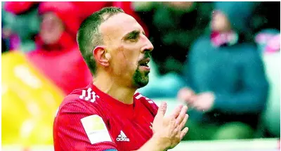  ?? AP ?? Bayern’s Franck Ribery reacts after scoring his side’s third goal during the German Bundesliga match between FC Bayern Munich and Hannover 96 in Munich, Germany, yesterday.