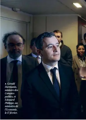  ??  ?? Gérald Darmanin, ministre des Comptes publics, et Edouard Philippe, au ministère de l’Economie, le 17 février.