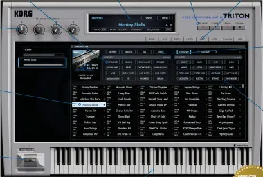  ??  ?? CHOOSE BY CATEGORY A dozen sound types feature in the browser to make your choices
REAL-TIME CONTROLS Customise these to control certain parameters
MAIN PRESET LIST Shows sounds from expanders or original Factory Banks
PITCH/MOD Standard pitch and mod controls plus assignable touch strip
MAIN SCREEN
The simple main screen has a lot of info on offer beneath the name
MAIN CONTROLS Browse presets, Combis or select the Global options here
MAIN KEYBOARD
Lots of setup controls in the Global section for the keyboard
SOUND CONTROLS Choose either the Easy option for an overview, or dig deeper with the other options
MAIN SELECTIONS Choose between Factory Banks, Expansion slots, General MIDI sounds or user
CHOOSE BY CHARACTER Another dozen choices to home in on your sound