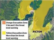  ??  ?? Marlboroug­h’s tsunami inundation maps show how much of Picton could be flooded post-quake. The yellow area is the worst-case scenario, likely to happen once in 2500 years.