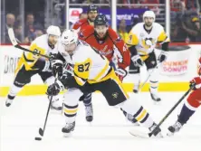  ?? Bruce Bennett / Getty Images ?? Pittsburgh’s Sidney Crosby (87) was back on the ice after missing one game with a concussion. He had one assist.